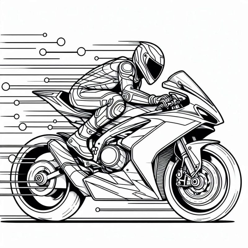 Desenho de motocicleta esportiva e motociclista em movimento para colorir