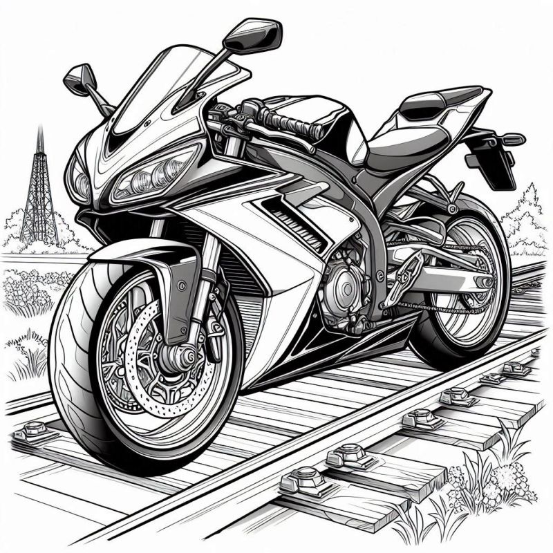 Desenho detalhado de motocicleta esportiva moderna sobre trilhos de trem