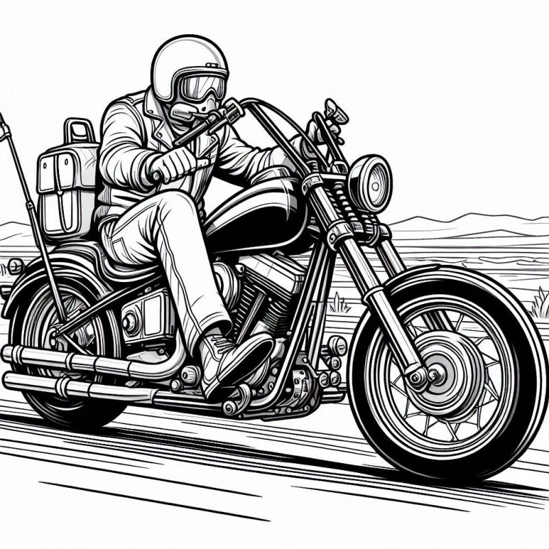 Desenho de motociclista dirigindo moto chopper para colorir