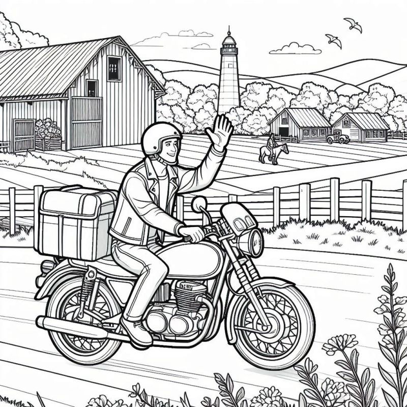 Desenho de Motociclista em Cenário Rural para Colorir