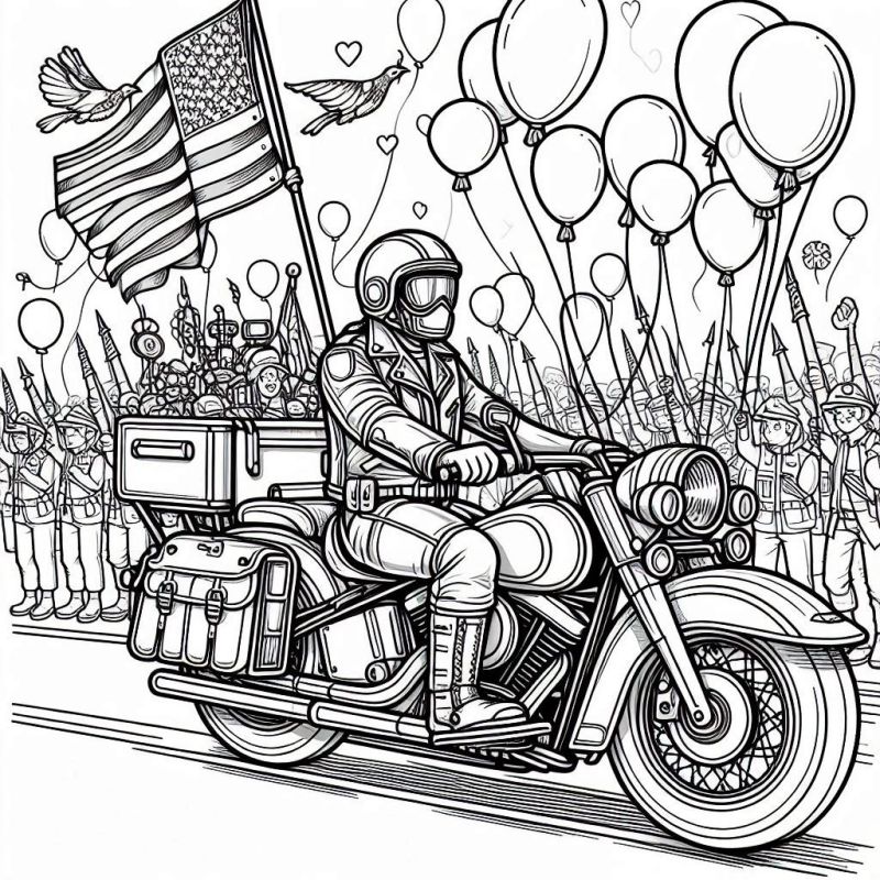 Desenho para colorir de um motociclista em uma moto durante um desfile