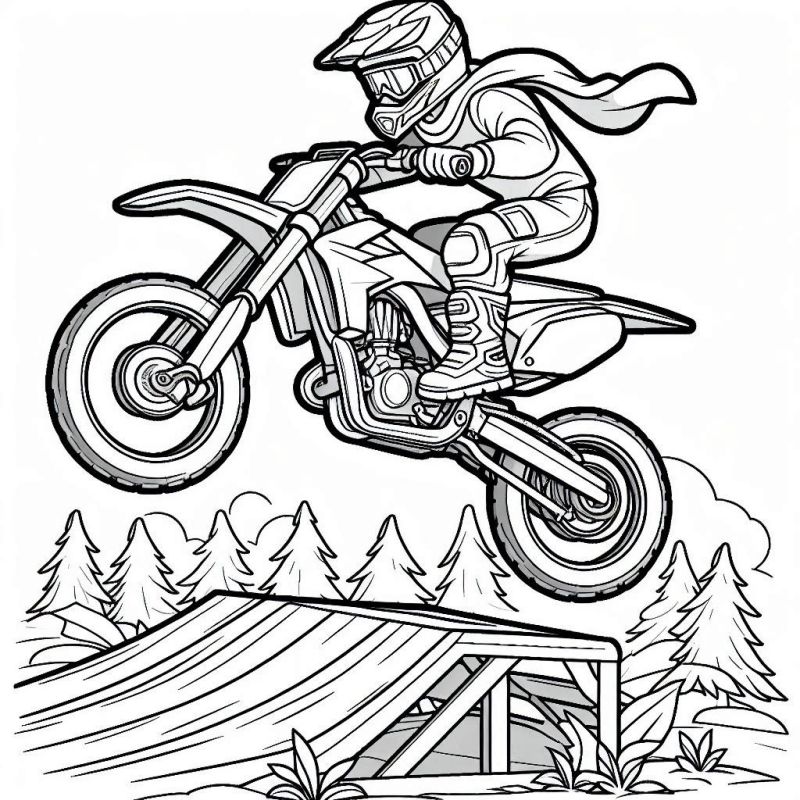 Desenho de motocross com salto alto para colorir, mostrando moto detalhada e piloto com capa ao vento.