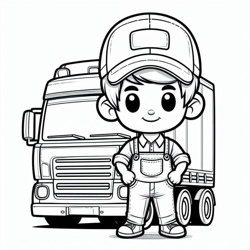 Desenho de Motorista Chibi com Caminhão para Colorir