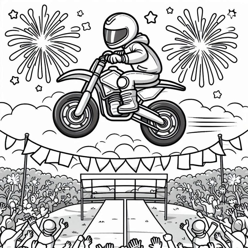 Desenho detalhado de acrobacias de motocross para colorir com motociclista e espectadores