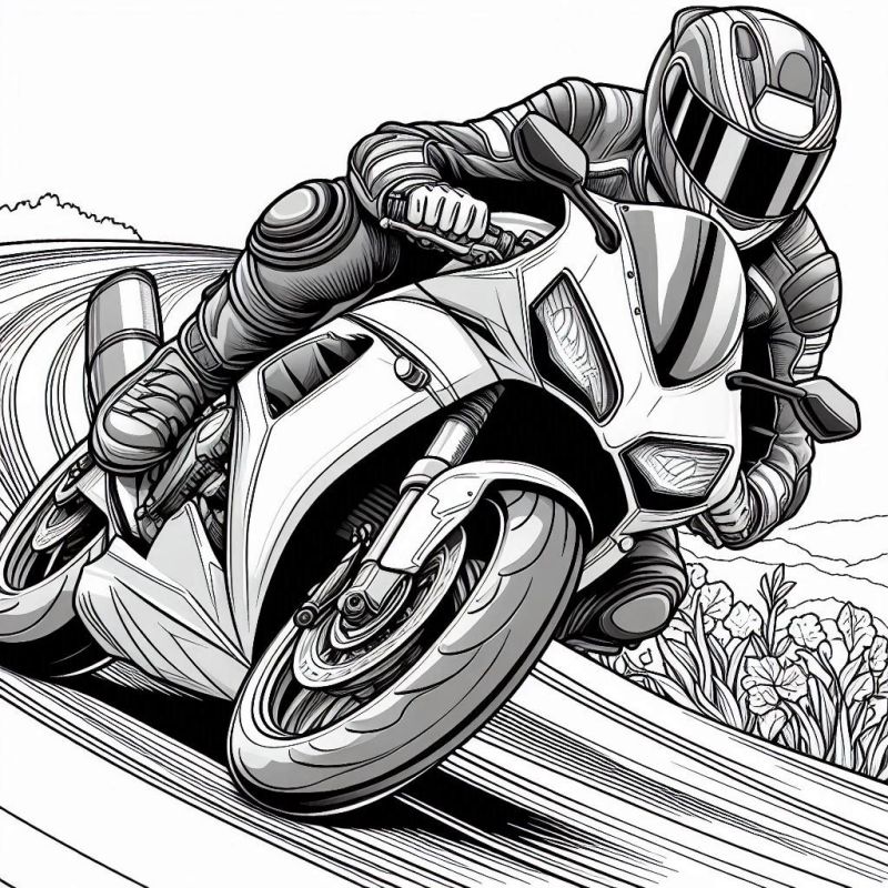 Desenho detalhado de uma motocicleta esportiva em alta velocidade para colorir