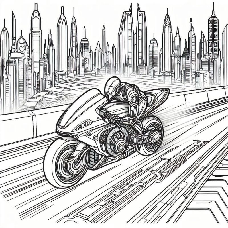 Desenho de moto futurista em alta velocidade para colorir