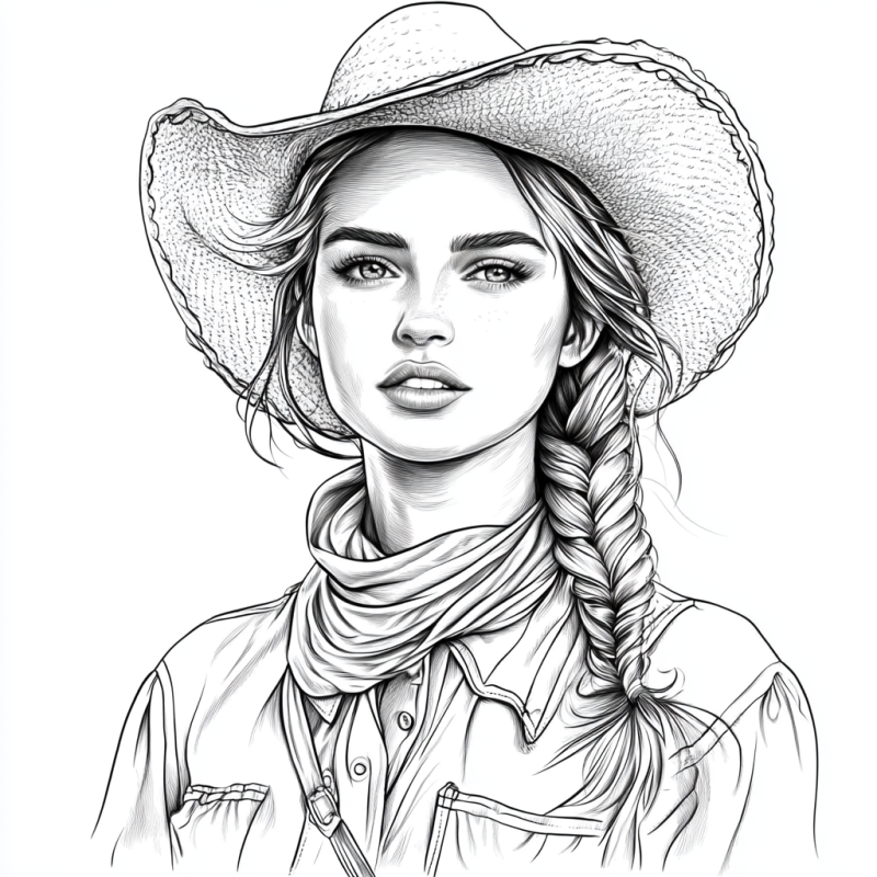 Desenho de mulher cowboy do Velho Oeste para colorir