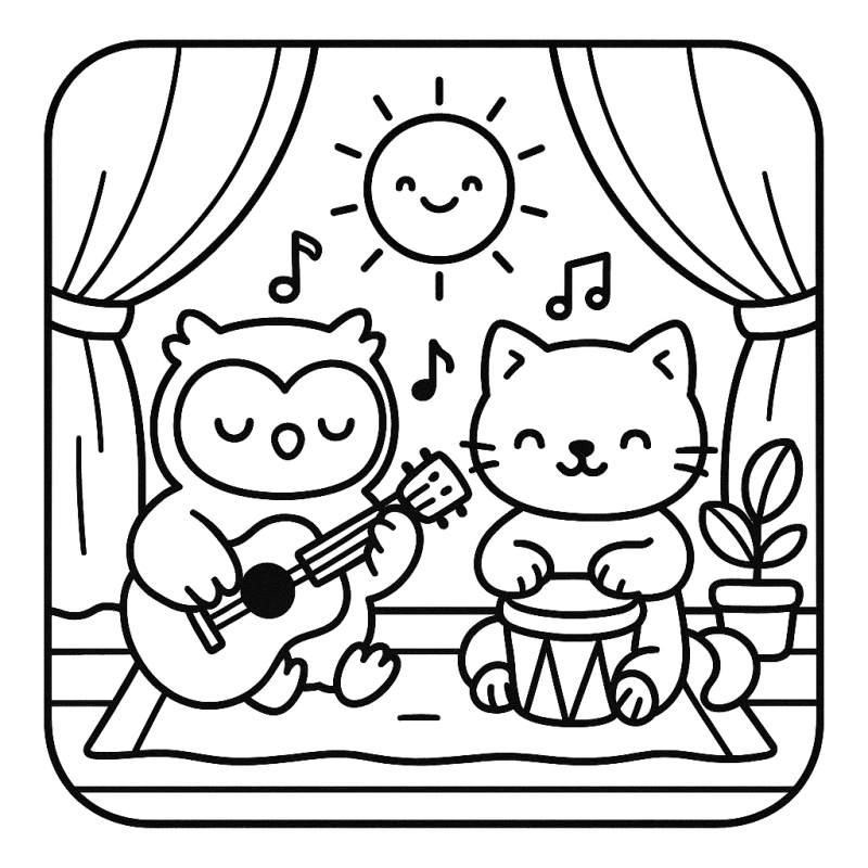 Desenhe e Colora: Coruja e Gato em Harmonia Musical