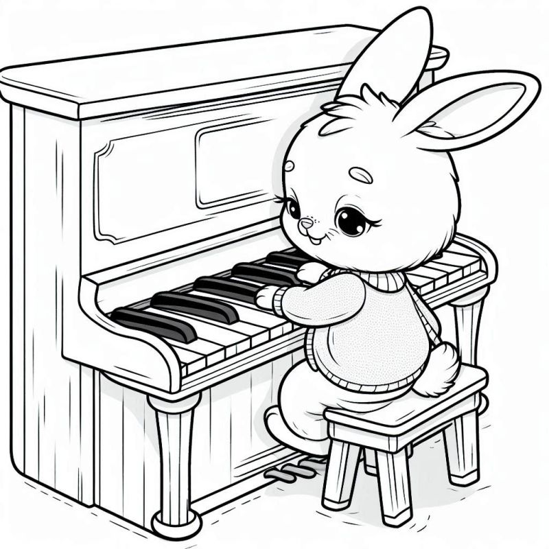 Desenho de um adorável coelho tocando piano para colorir