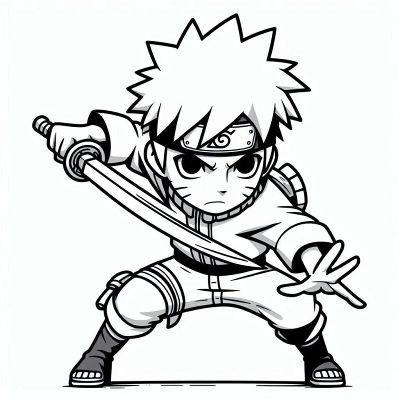 Desenho de Naruto chibi com espada para colorir