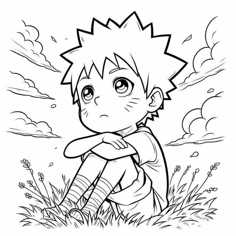 Naruto sentado em um campo para colorir, contemplativo