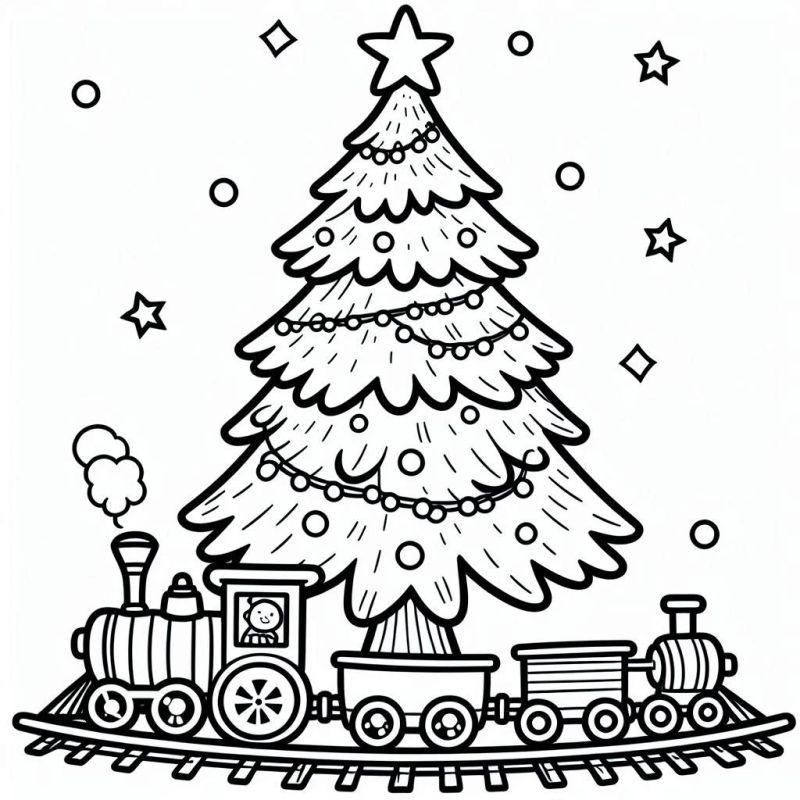 Colorir Cena de Natal com Árvore e Locomotiva