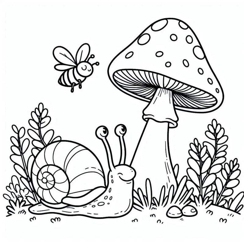 Desenho de grande cogumelo, caracol e abelha em cenário natural para colorir