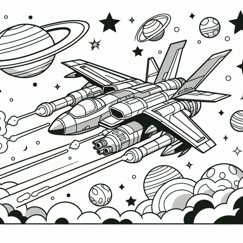 Desenho detalhado de um avião futurístico ou nave espacial para colorir