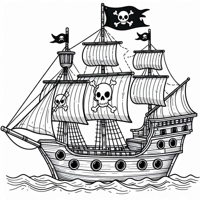 Desenho detalhado de um navio pirata para colorir, com velas e bandeiras no mar agitado