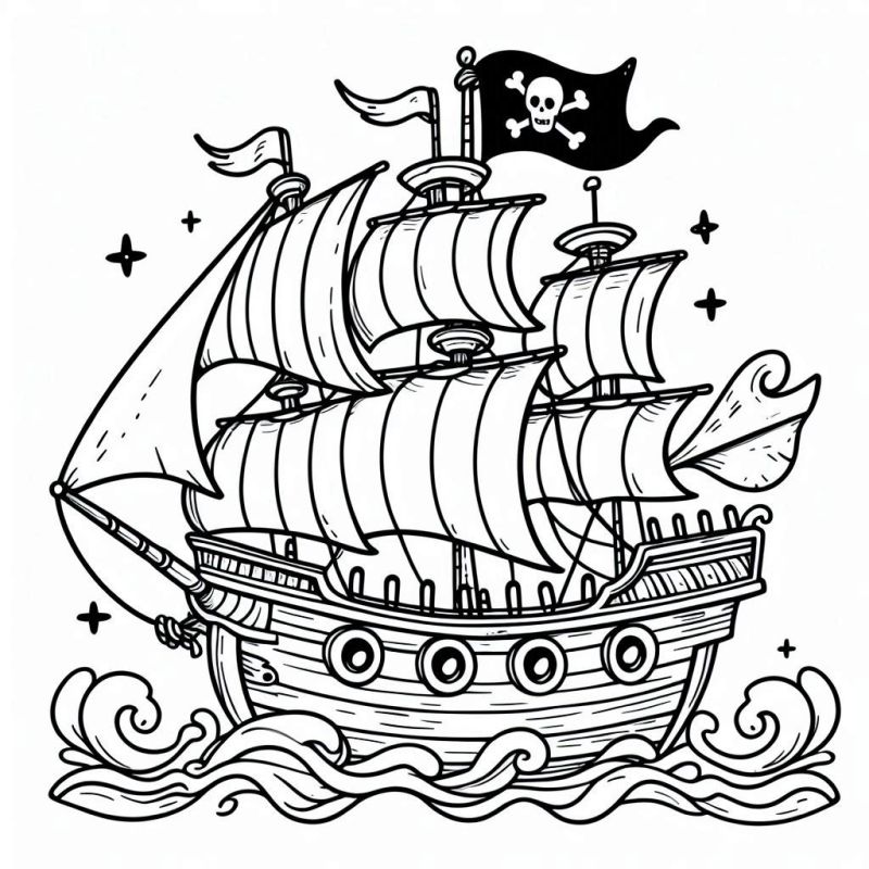 Desenho detalhado de navio pirata em alto-mar para colorir