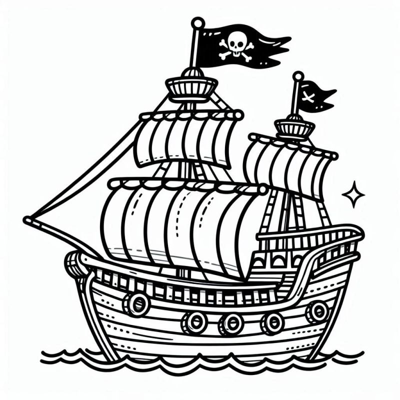 Desenho em preto e branco de um navio pirata detalhado para colorir