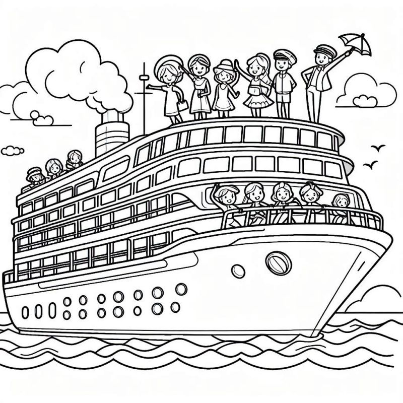 Desenho de um Navio de Cruzeiro Detalhado para Colorir