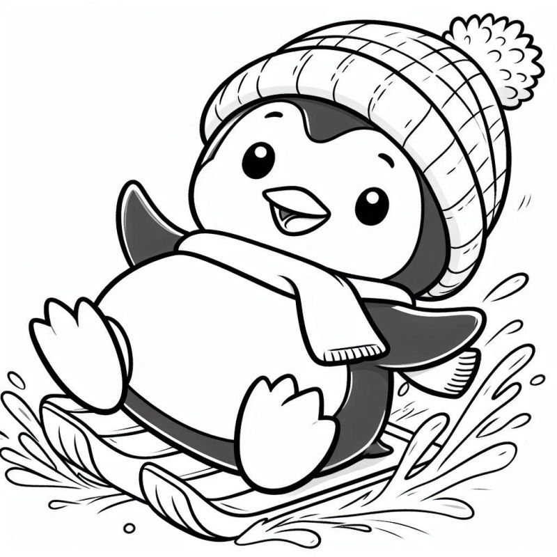 Desenho de pinguim adorável com gorro e cachecol em um trenó na neve para colorir