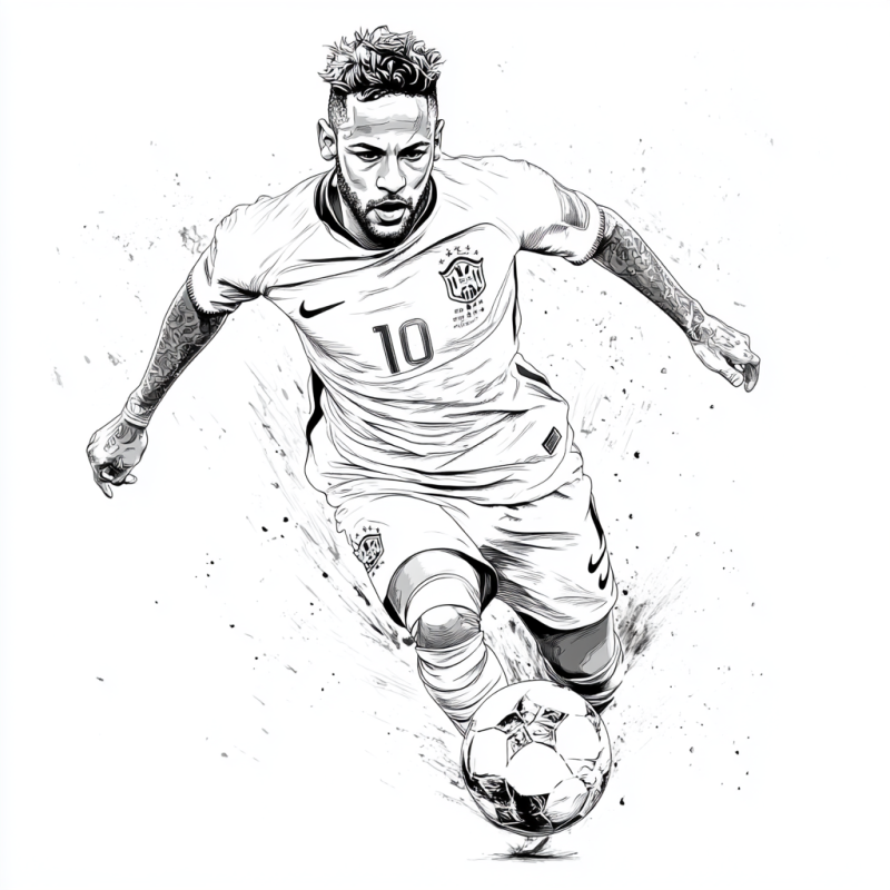 Desenho detalhado de Neymar correndo com a bola, ideal para colorir