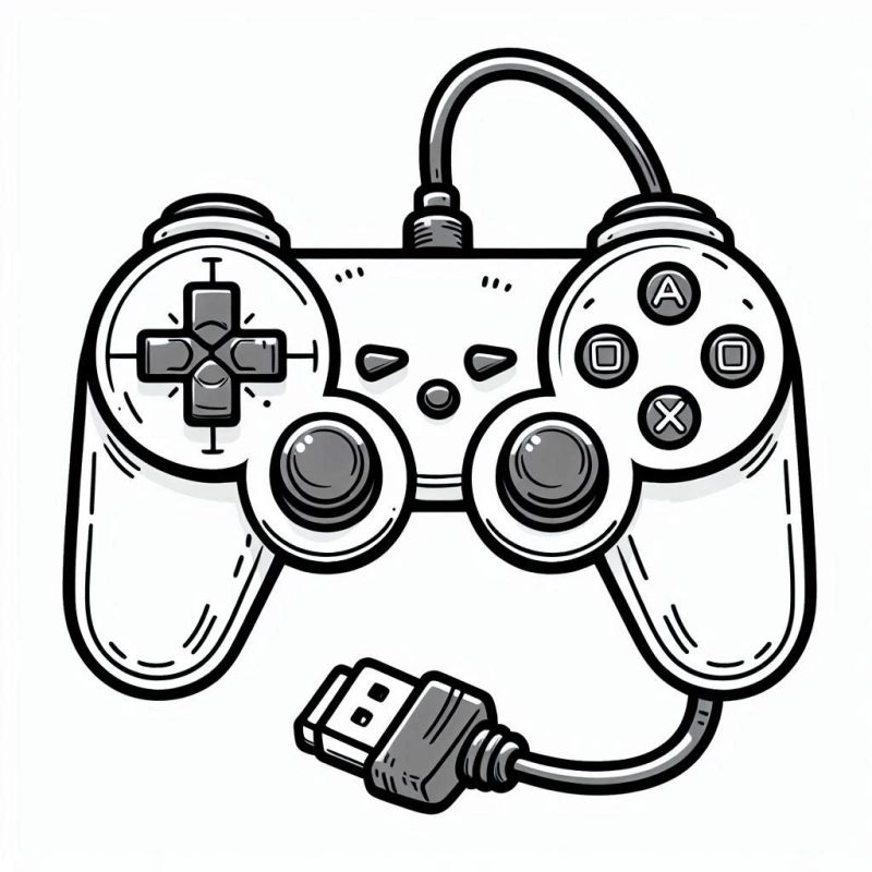 Desenho de controle de videogame para colorir, com detalhes precisos e elementos característicos.