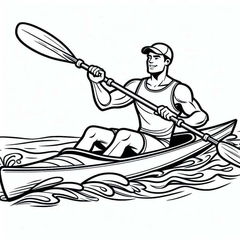 Desenho de um Atleta Remando em um Cenário Aquático para Colorir