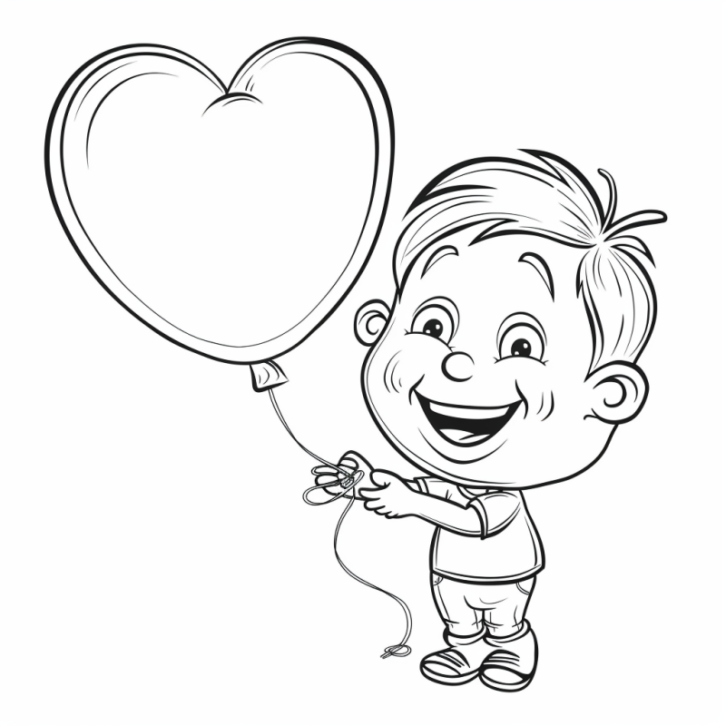 Desenho para colorir de um menino sorridente segurando um balão em formato de coração