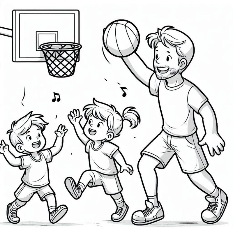 Pai e Filhos Brincando de Basquete - Desenho para Colorir