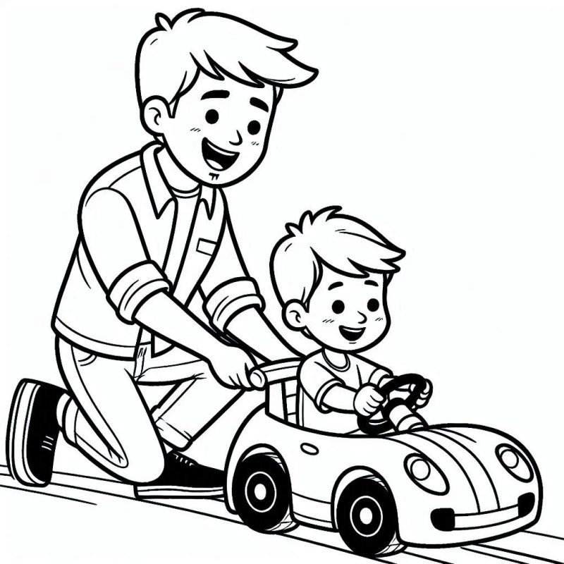 Pinte a Diversão: Pai e Filho com Carro de Brinquedo