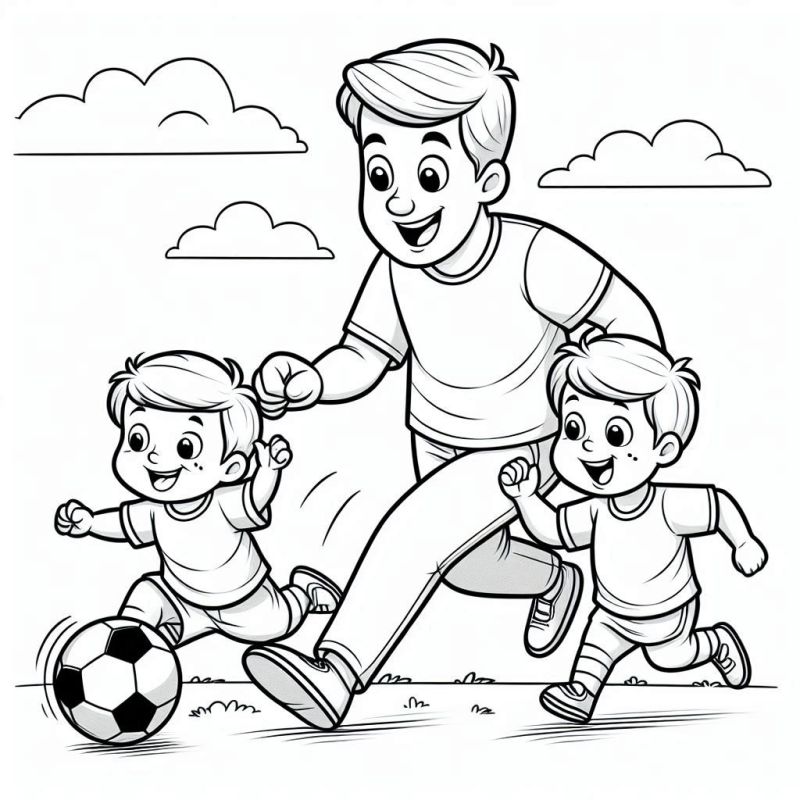 Divertido Desenho de Pai e Filhos Jogando Futebol