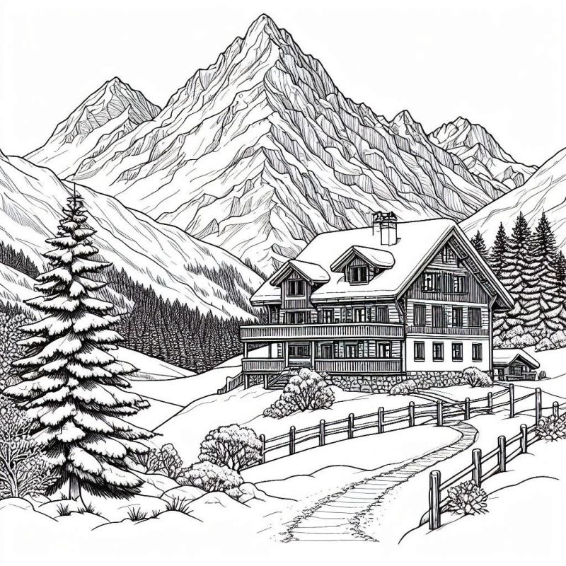 Desenho de paisagem alpina com chalé para colorir