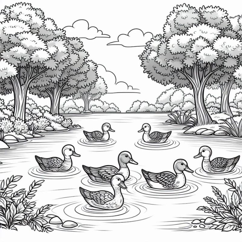 Desenho de Paisagem com Lago e Patos para Colorir