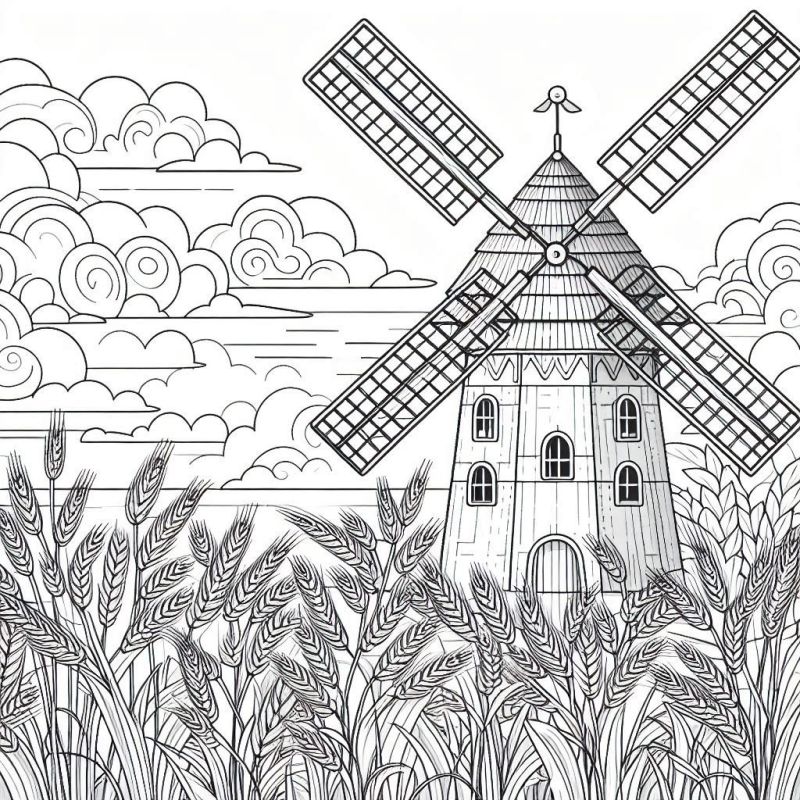 Desenho de uma paisagem rural detalhada com moinho de vento para colorir