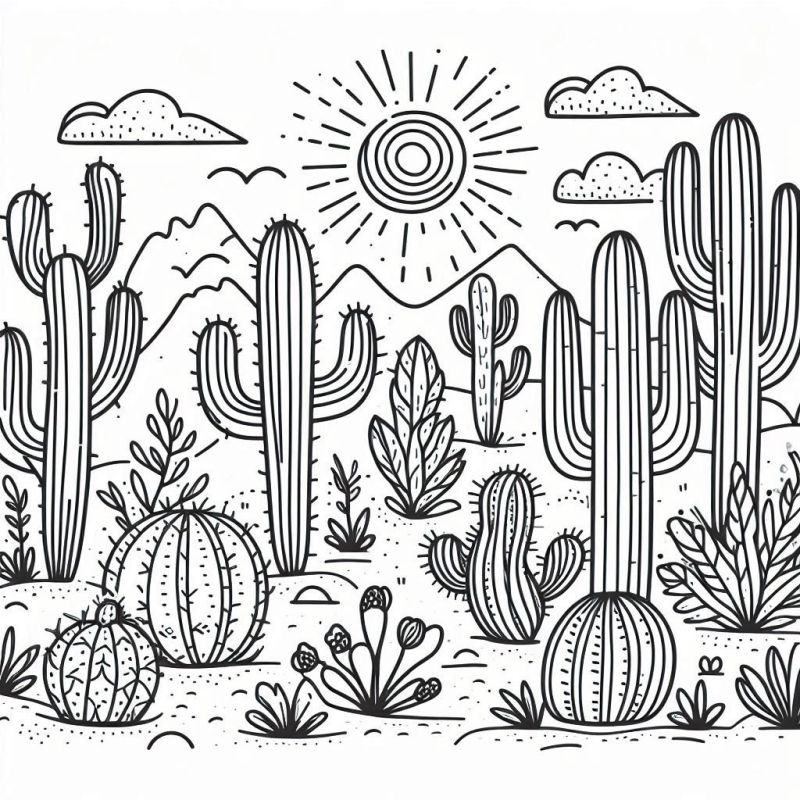 Desenho de Paisagem Desértica com Cactos para Colorir