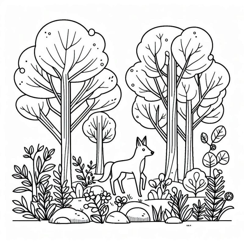 Desenho de Paisagem de Floresta com Cervo para Colorir