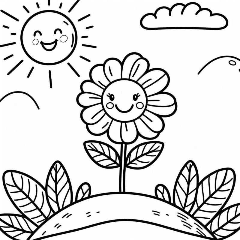 Desenho de Flor Sorridente com Sol para Colorir