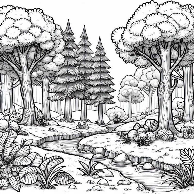 Desenho de paisagem de floresta com riacho e árvores para colorir