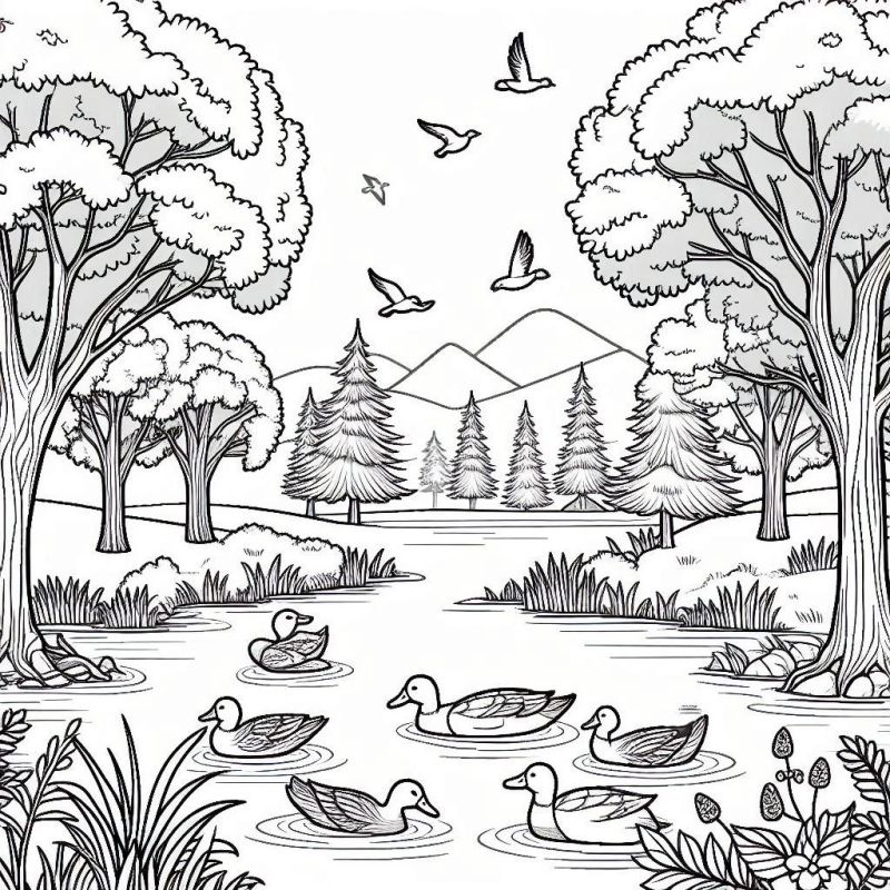 Paisagem de Lago com Árvores e Patos para Colorir