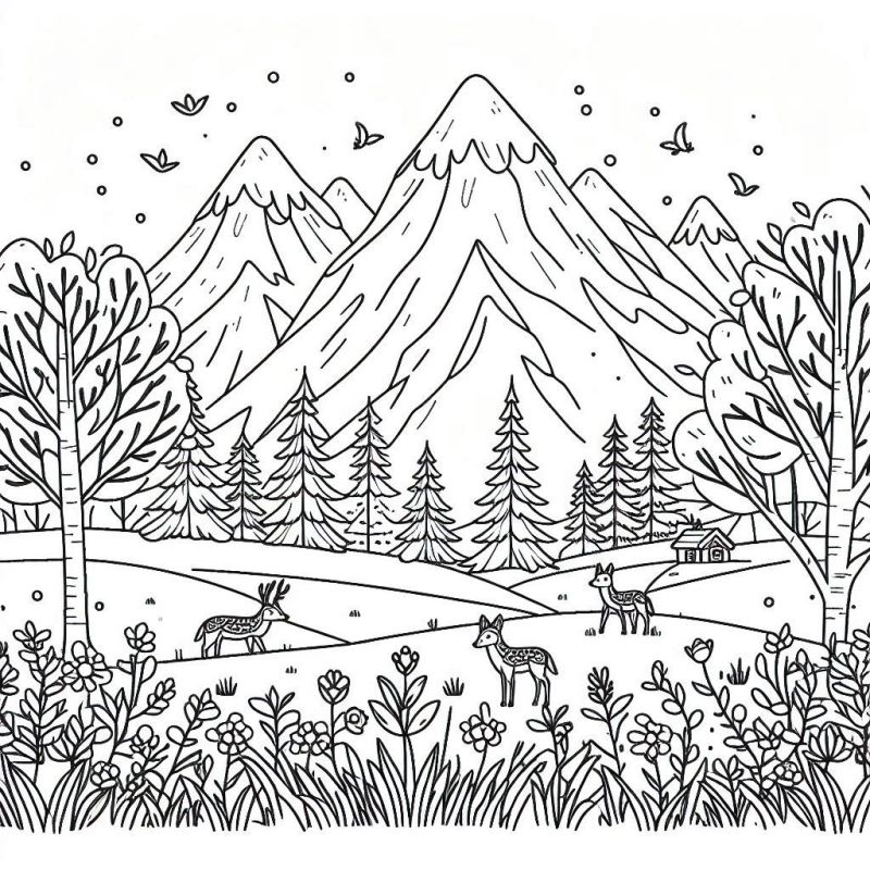 Desenho de paisagem natural com montanhas, floresta, cervos e flores para colorir