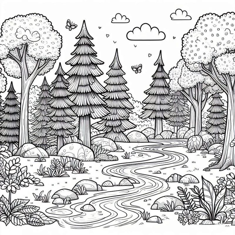 Paisagem Natural de Floresta com Borboletas Detalhada para Colorir