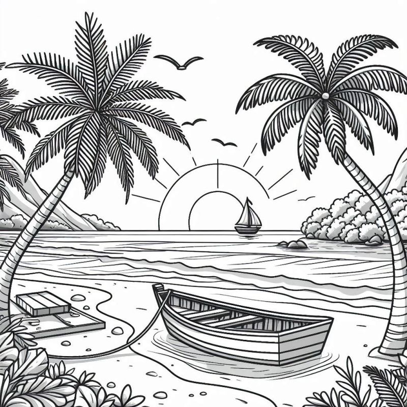 Desenho para colorir de uma paisagem de praia com palmeiras e pôr do sol