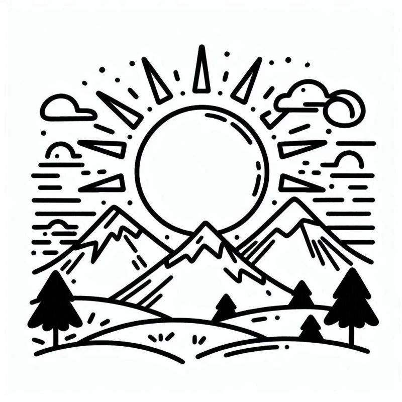 Desenho minimalista de uma paisagem com sol e montanhas para colorir