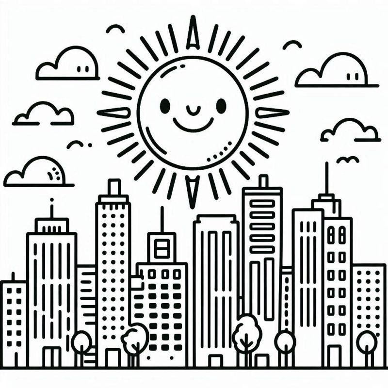 Desenho de Paisagem Urbana com Sol Sorridente para Colorir