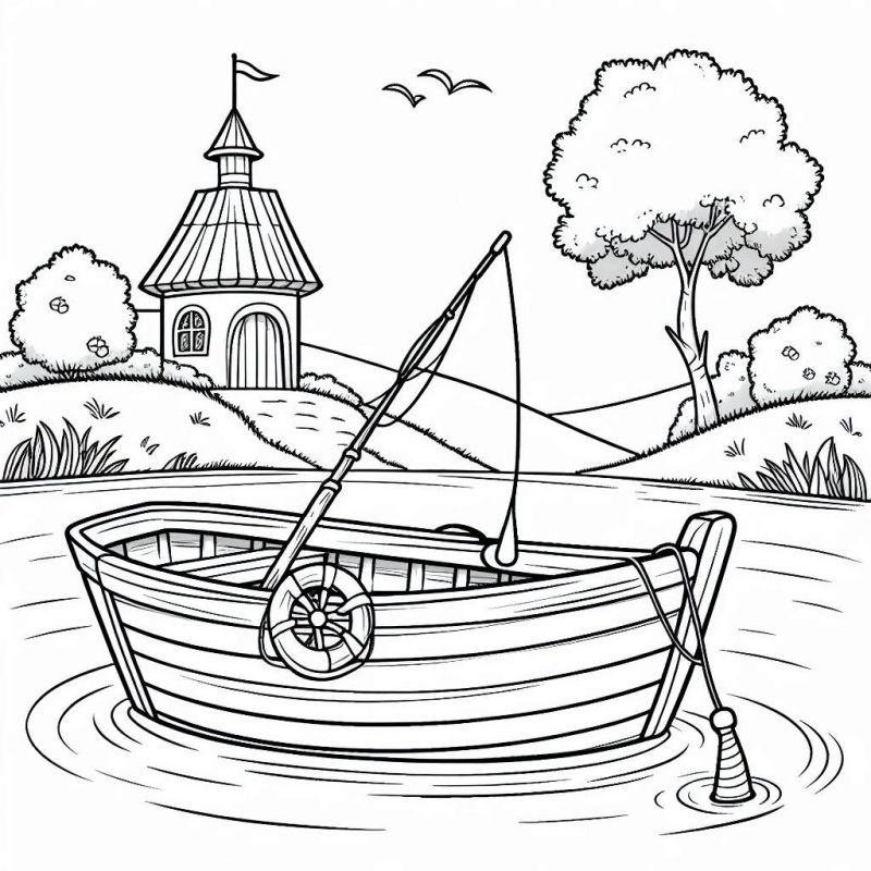 Desenho de barco na água para colorir com casa e árvores ao fundo