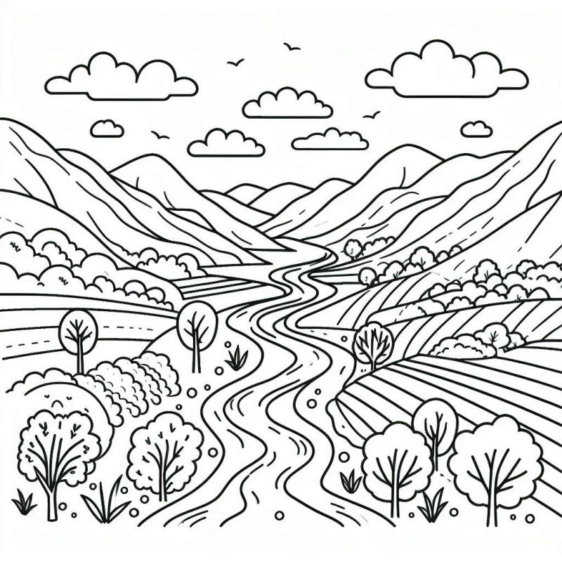 Desenho de paisagem natural com montanhas, rio e vegetação. Ideal para colorir.