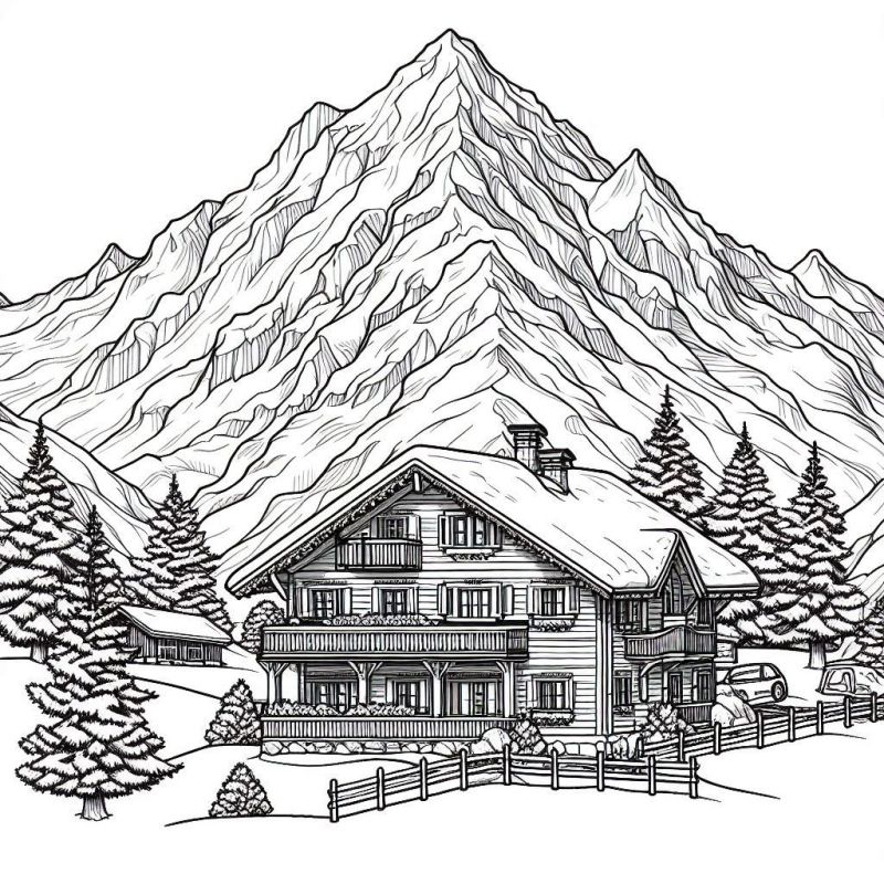 Desenho de Casa nas Montanhas Alpinas para Colorir