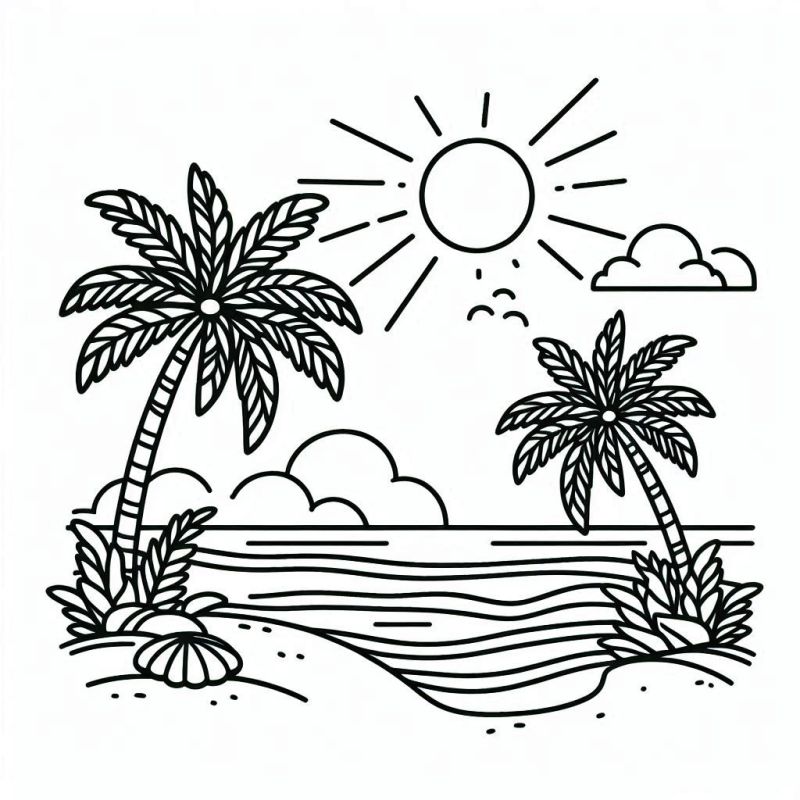 Desenho de uma paisagem de praia tranquila para colorir com palmeiras, mar e sol