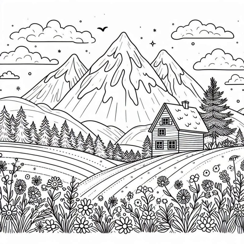 Paisagem com montanhas nevadas e casa rústica para colorir