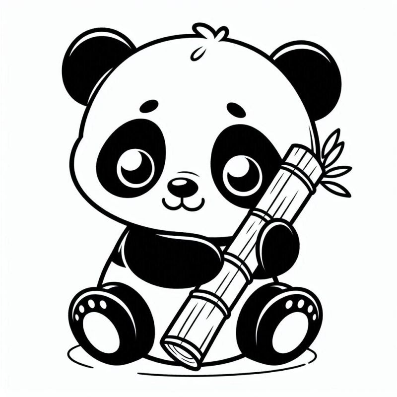 Desenho de panda bebê segurando um bambu para colorir