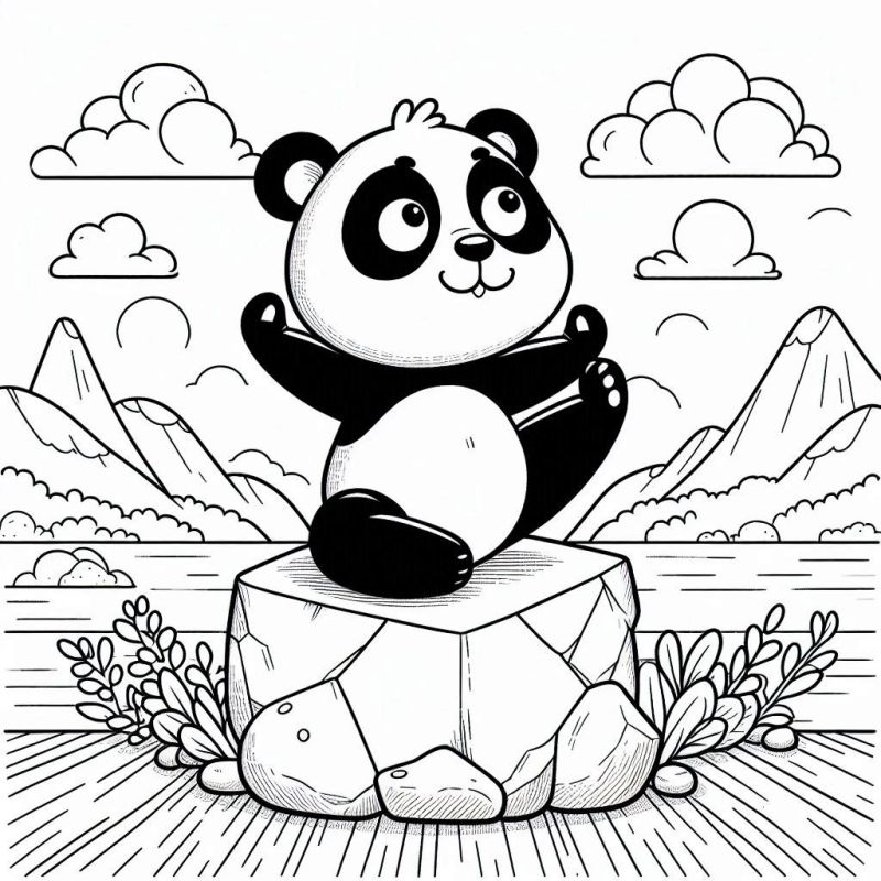 Panda feliz sentado em uma pedra em um ambiente natural para colorir